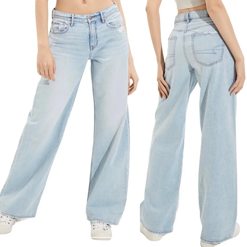 NWT American Eagle Womens 18R AE Low Rise Skater Jean Baggy Wide Leg Light Wash - Picture 1 of 8